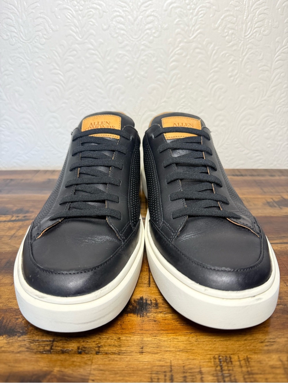 Allen Edmonds Black Leather Sneakers with Cream Sole and Tan Accents